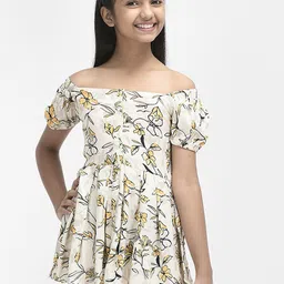 Crimsoune Club Girls Floral Printed Off-Shoulder Gathered Fit & Flare Mini Dress-image-8