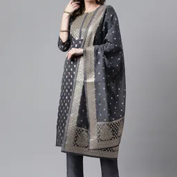RAJGRANTH Grey & Gold Floral Woven Design Sequinned Kurta With Trousers & Dupatta-9