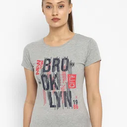 appulse Women Grey Melange Typography Printed Slim Fit Running T-shirt-image-70