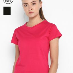 appulse Women Fuchsia & Black Set Of 2 V-Neck Slim Fit Running T-shirt-image-64