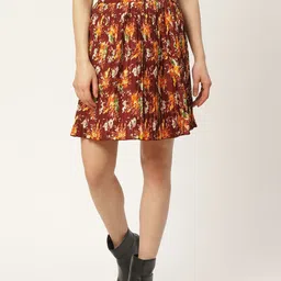 Antheaa Women Rust Red & Yellow Accordion Pleated Floral Printed A-Line Skirt-picture-5