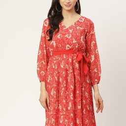 Antheaa Women Coral Red & Off-White Printed Accordion Pleated Wrap Dress With Belt-image-10