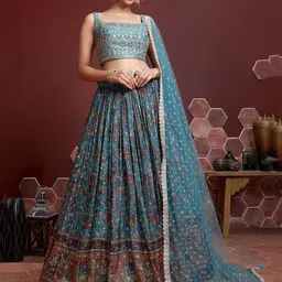 FABPIXEL Blue & Brown Embellished Semi-Stitched Lehenga & Unstitched Blouse With Dupatta-image-26