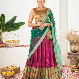 SHOPGARB Pink & Green Embellished Semi-Stitched Lehenga & Unstitched Blouse With Dupatta-image-16