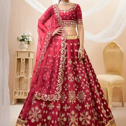FABPIXEL Embroidered Sequinned Semi-Stitched Lehenga & Unstitched Blouse With Dupatta-0