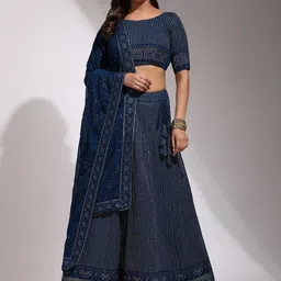 Fabcartz Embroidered Sequinned Semi-Stitched Lehenga & Unstitched Blouse With Dupatta-picture-13