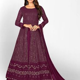 Divine International Trading Co Striped Embellished Sequinned Semi-Stitched Dress Material-image-31