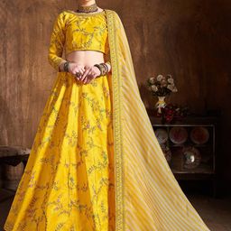 FABPIXEL Yellow & Gold-Toned Embroidered Thread Work Semi-Stitched Lehenga & Unstitched Blouse With Dupatta-image-48