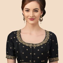 Neckbook Women Black & Gold-Coloured Embroidered Raw-Silk Padded Readymade Saree Blouse-picture-2
