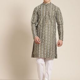 SOJANYA Men Olive Green Ethnic Motifs Embroidered Kurta with Churidar-39