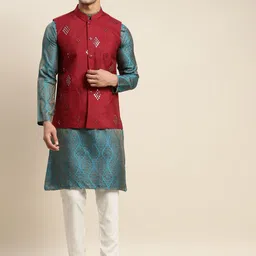 SOJANYA Men Teal Ethnic Motifs Mirror Work Kurta with Churidar & Nehru Jacket-16
