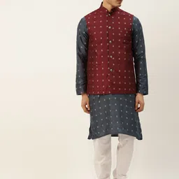 SOJANYA Men Navy Blue Ethnic Motifs Kurta with Churidar & Nehru Jacket-picture-37