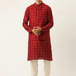 SOJANYA Men Maroon Ethnic Motifs Kurta with Churidar & Nehru Jacket-picture-17