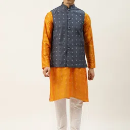 SOJANYA Men Orange Ethnic Motifs Kurta with Churidar & Nehru Jacket-picture-18