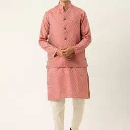 SOJANYA Men Pink Ethnic Motifs Kurta with Churidar & Nehru Jacket-23