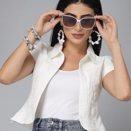 Style Quotient White Short Sleeves Open Front Cotton Crop Shrug-13