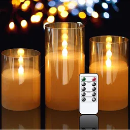 XERGY Set of 3 Gold Glass Battery Operated Flameless Candles With 10-Key Remote and Timer-38