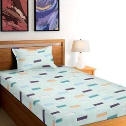 Arrabi Green & Purple Geometric 300 TC Single Bedsheet With 1 Pillow Cover-image-85