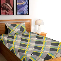 Arrabi Grey & Yellow Geometric 300 TC Single Bedsheet with Pillow Cover-10