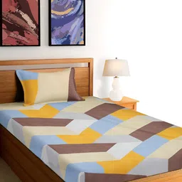 Arrabi Yellow & Blue Geometric 300 TC Single Bedsheet With 1 Pillow Cover-image-49