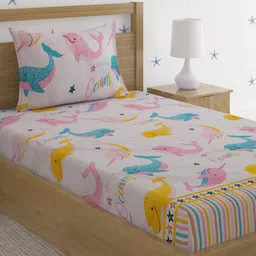 HOSTA HOMES Pink & Blue Graphic 210 TC Cartoon Single Bedsheet with 1 Pillow Cover-image-53