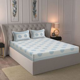 Rajasthan Decor White & Blue Ethnic Motifs 180 TC King Bedsheet with 2 Pillow Covers-image-88