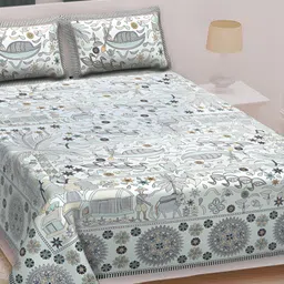 Texstylers Grey & White Floral Printed Cotton 210 TC Queen Bedsheet With 2 Pillow Covers-picture-10