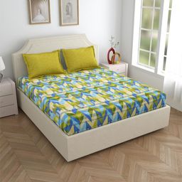 Salona Bichona Green Geometric Pure Cotton 120 TC King Bedsheet with 2 Pillow Covers-image-95