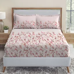 MYTRIDENT White & Peach Floral 210 TC Cotton Fitted King Bedsheet with 2 Pillow Covers-picture-10