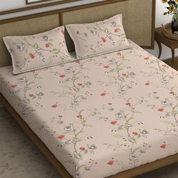 CHHAVI INDIA Peach-Coloured & Red Floral 210 TC King Bedsheet With 2 Pillow Covers-picture-22