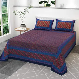 CLIO'S HERITAGE STORE Blue & Orange Floral 210 TC Cotton King Bedsheet & 2 Pillow Covers-image-17