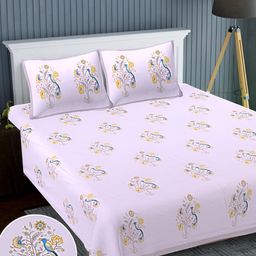 Texstylers Lavender Yellow Floral Cotton 220 TC  Super King Bedsheet With 2 Pillow Covers-image-75