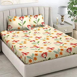 FABINALIV Cream-Coloured & White Floral 300 TC Fitted King Bedsheet with 2 Pillow Covers-12