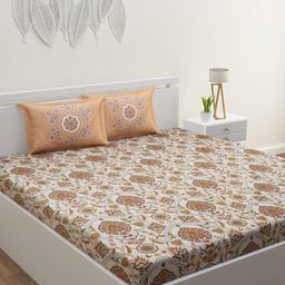 HOME AFFAIRS White & Maroon Ethnic Motifs Cotton 210 TC King Bedsheet with 2 Pillow Covers-image-55