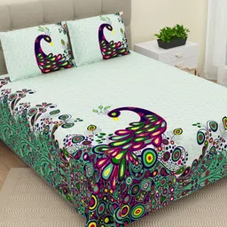DREAM WEAVERZ White & Green Peacock Print Pure Cotton 220 TC King Bedsheet Set-image-75