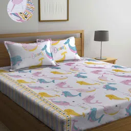 Arrabi White & Yellow Cartoon Characters 300 TC King Bedsheet with 2 Pillow Covers-image-68