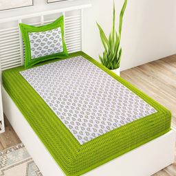 UNIQCHOICE Green & White Ethnic Motifs Cotton 120 TC Single Bedsheet with 1 Pillow Cover-image-44
