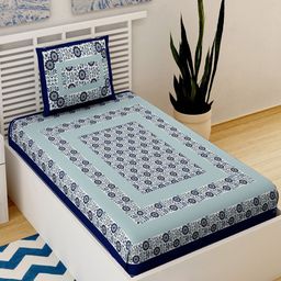UNIQCHOICE Blue & White Printed Cotton 120 TC Single Bedsheet with 2 Pillow Covers-image-45
