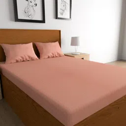 TEAL BY CHUMBAK Peach-Coloured Striped Satin 210 TC Queen Bedsheet With 2 Pillow Covers-12