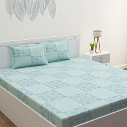 HAPPY HUES Blue & Off White Ethnic Motifs 120 TC Queen Bedsheet with 2 Pillow Covers-image-6