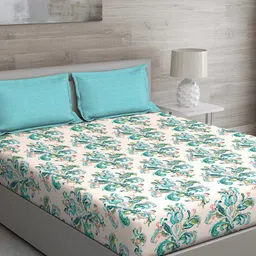 GM Green & Cream-Coloured Ethnic Motifs 150 TC Queen Bedsheet with 2 Pillow Covers-image-17