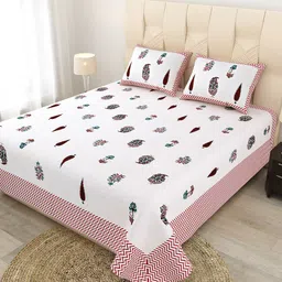 JAIPUR FABRIC White & Pink Ethnic Motifs Cotton Flat Queen Bedsheet with 2 Pillow Covers-image-8