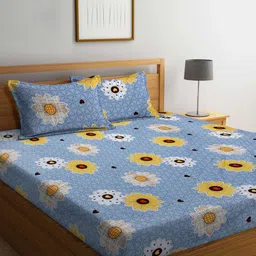 Arrabi 300 TC Cotton Blend King Size Fitted Bedsheet with 2 Pillow Covers-image-5