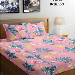 Arrabi Pink & Green Floral 300 TC Fitted King Bedsheet with 2 Pillow Covers-image-93