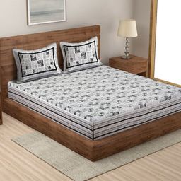 Rajasthan Decor Black & Grey Ethnic Motifs 180 TC King Bedsheet with 2 Pillow Covers-image-90