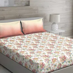 GM Peach-Coloured & Green 150 TC Queen  Floral Cotton Bedsheet with 2 Pillow Covers-17