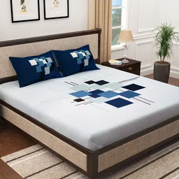 Story@home White & Blue Geometric 300 TC Cotton 1 King Bedsheet with 2 Pillow Covers-image-48