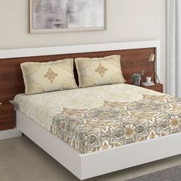 DDecor Beige & Grey Ethnic Motifs 180 TC Cotton 1 King Bedsheet with 2 Pillow Covers-image-93
