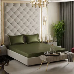 Stoa Paris Date Night Olive Green 300 TC Satin Fitted King Satin Bedsheet with 2 Pillow Covers-picture-29