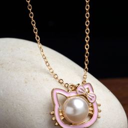 VOGUE PANASH Gold-Plated Pink & Pearl Kitty Pendant With Chain-55